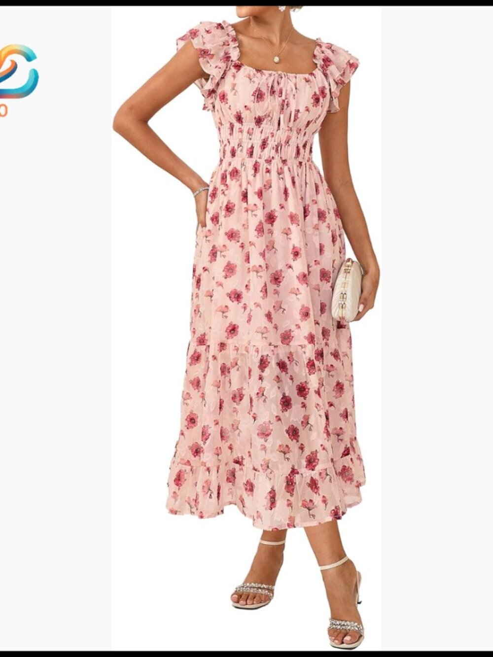 Floral Midi Dress Square Neck Ruffle Sleeves Smocked Waist A-Line Summer